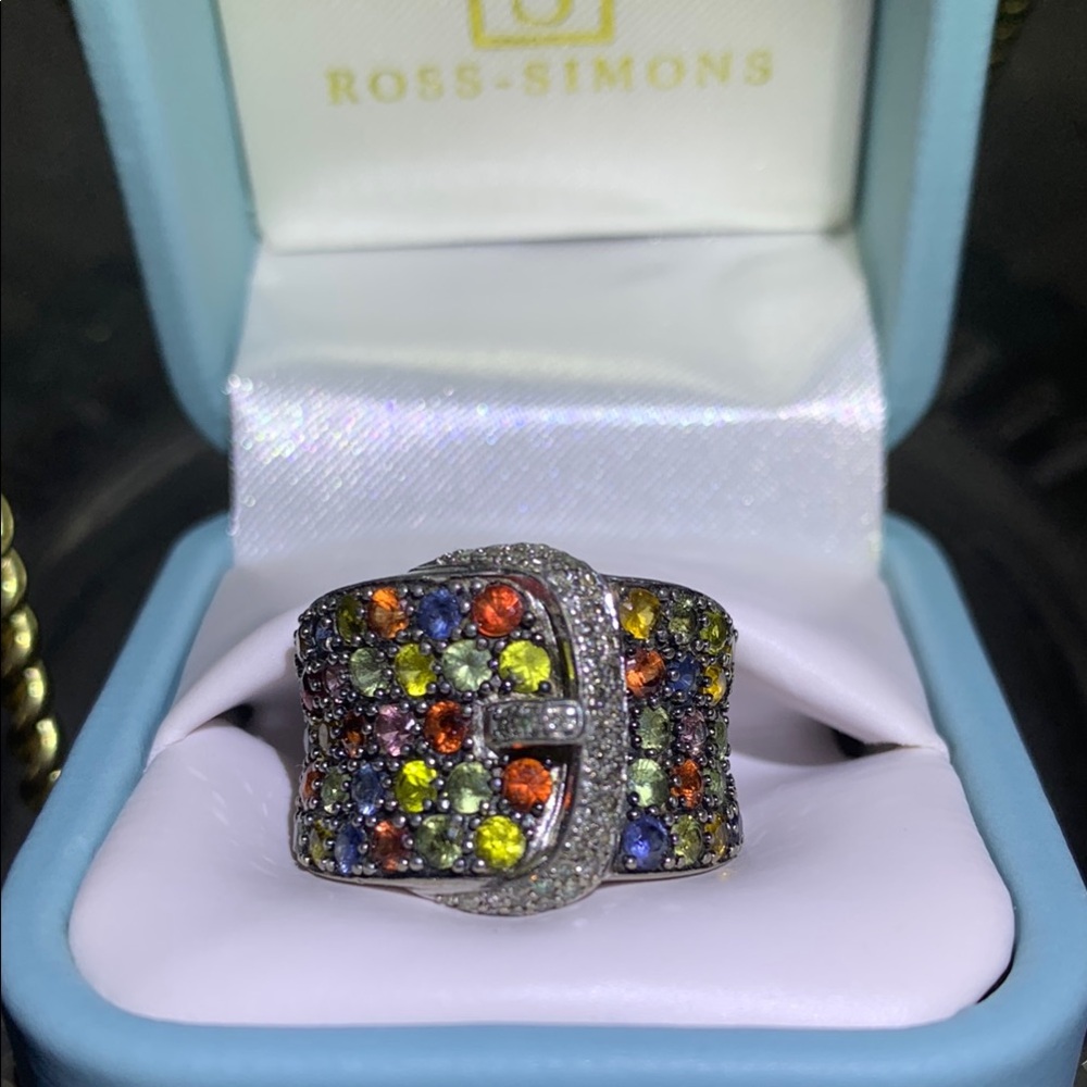 Ross-Simons Sapphire Stones Sterling Silver w/ Diamond Accent Buckle Style Ring